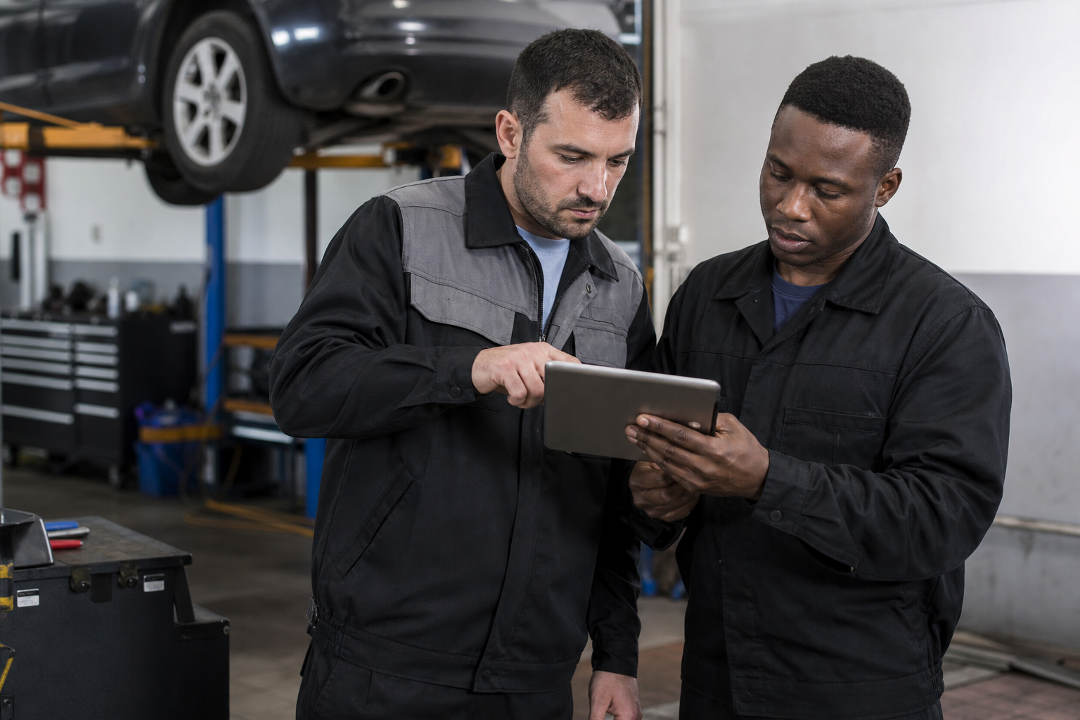 Technicians reviewing a digital inspection